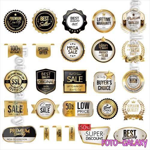 Vector collection of gold and black price badges labels and ribbons