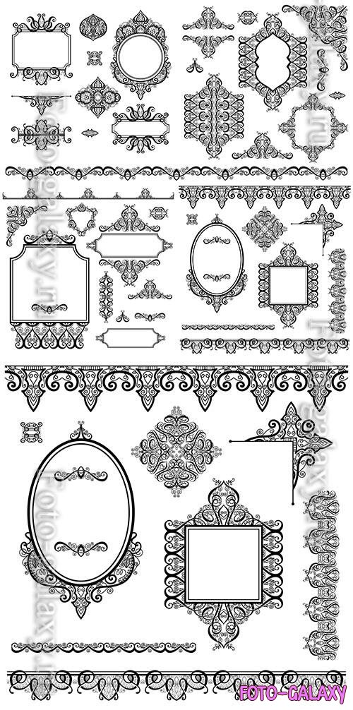 Vector set design elements and page decoration,  frames, divider, stripe pattern, angle collection, calligraphy vector illustration