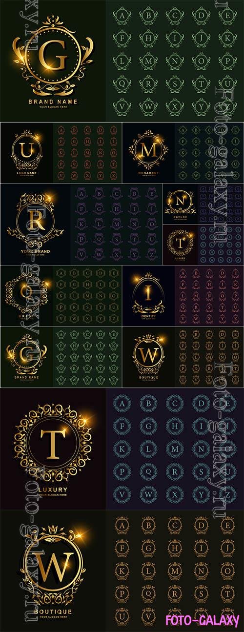 Letter initial alphabet, luxury ornament, floral frame, golden logo