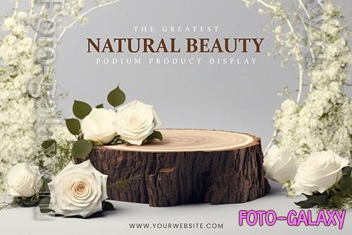 Elegant and natural wooden psd podium with roses stage display mockup 