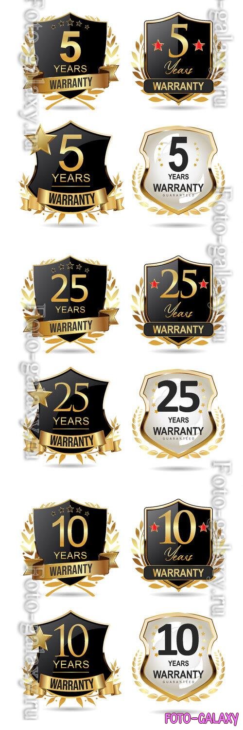 Warranty guaranteed gold and black labels vector collection