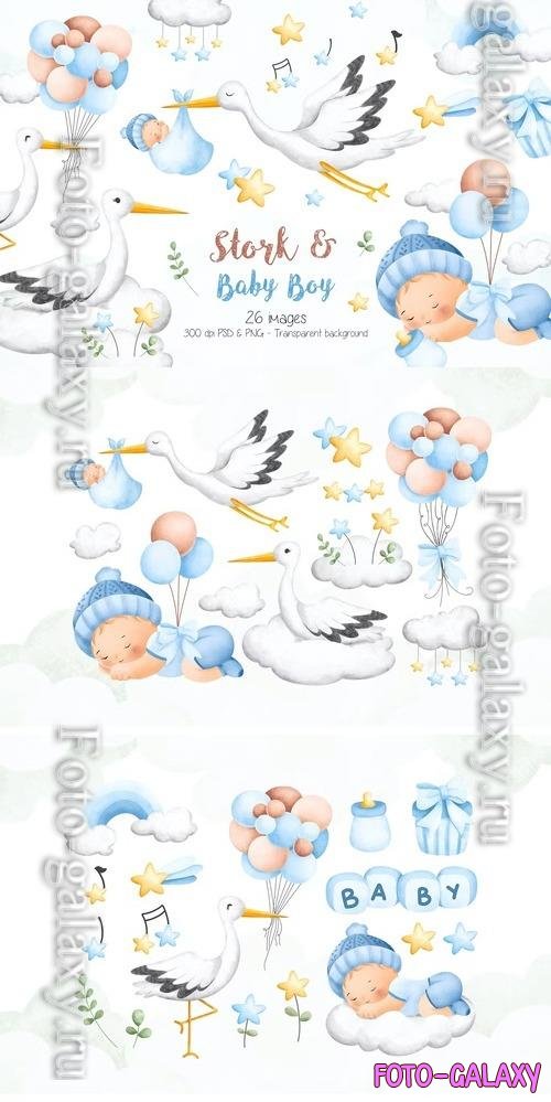 Stork and Baby Boy Clipart
