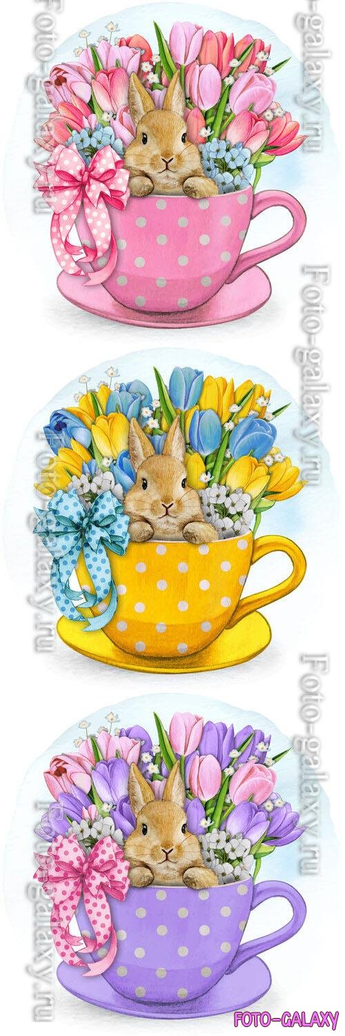 Cup with a bunny and spring flowers in it - Watercolor vector illustration