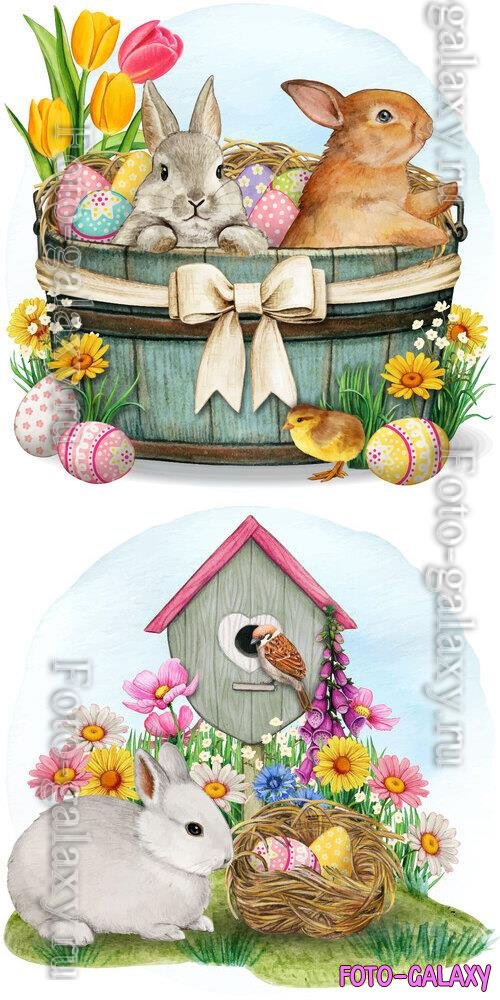 Bunny nest sparrow and birdhouse - Watercolor vector illustration