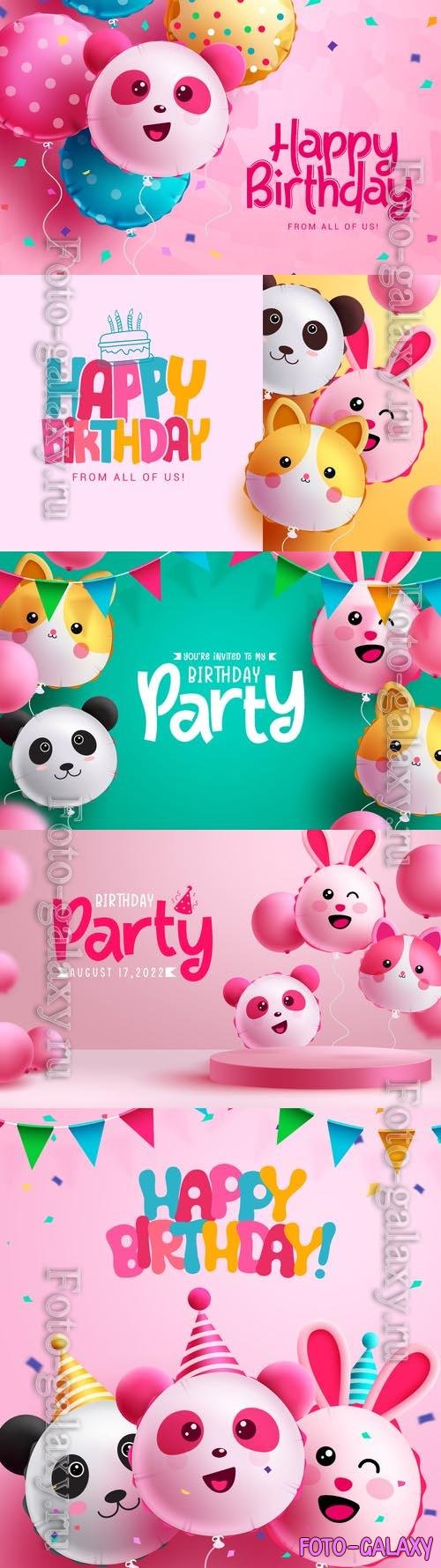 Happy birthday greeting vector design, birthday character panda balloon elements for kids party