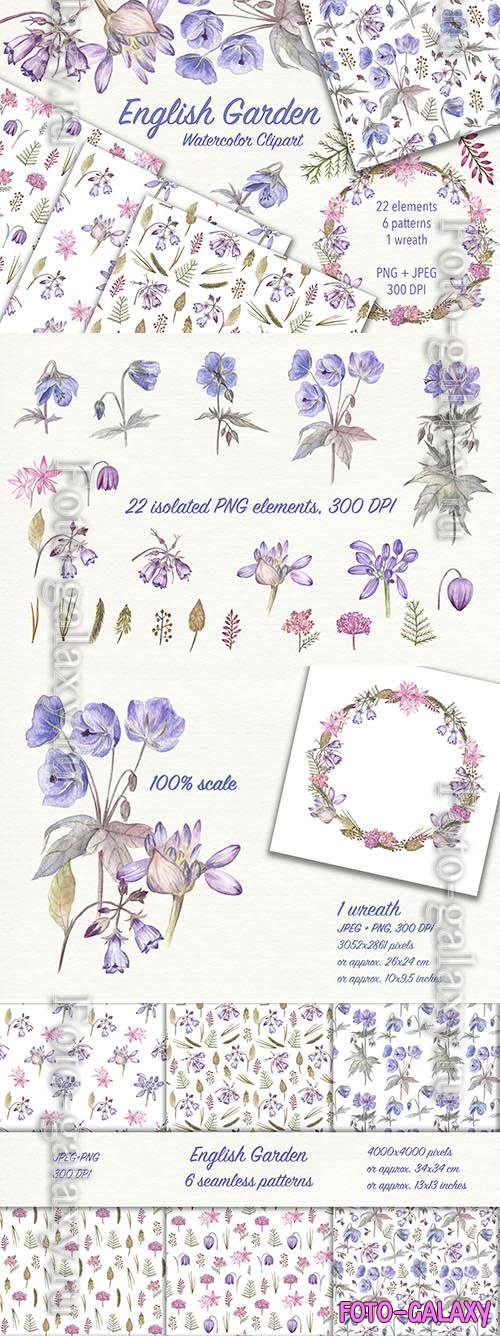 Watercolor Flowers - English Garden Patterns and Wreath