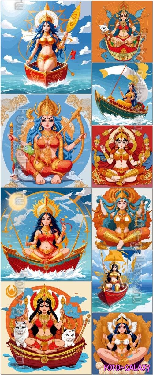 Vector goddess durga india holy tradicional cartoon illustration