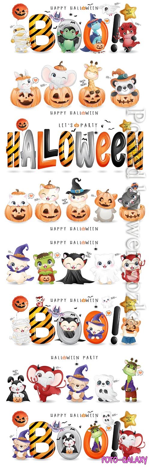 Cute animal for halloween day with watercolor vector illustration