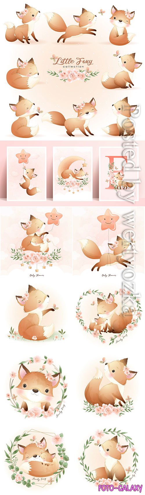 Cute doodle foxy poses with floral illustration premium vector