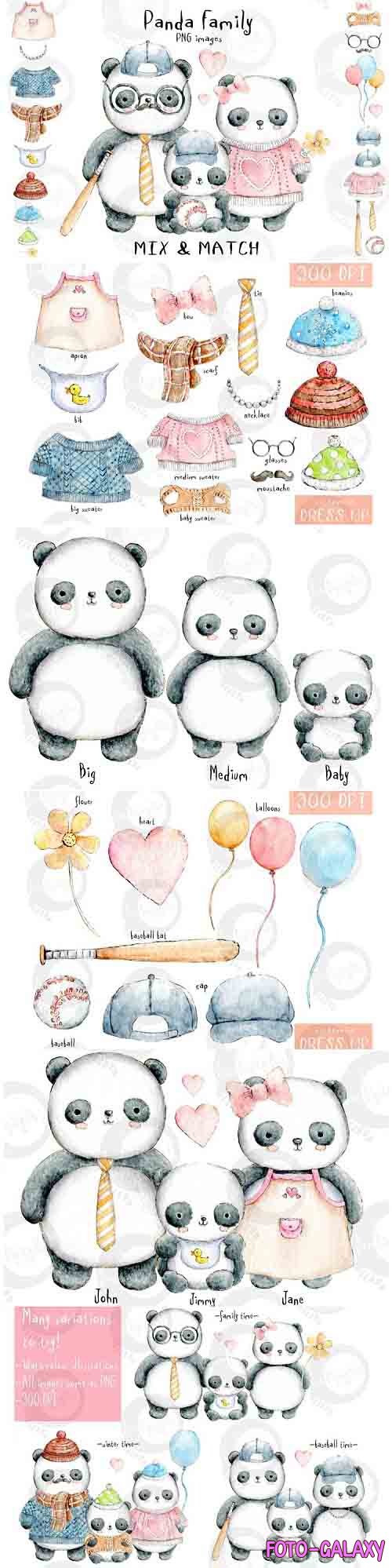 Panda Family | Mix & Match | PNG Watercolour Illustrations - 1034418