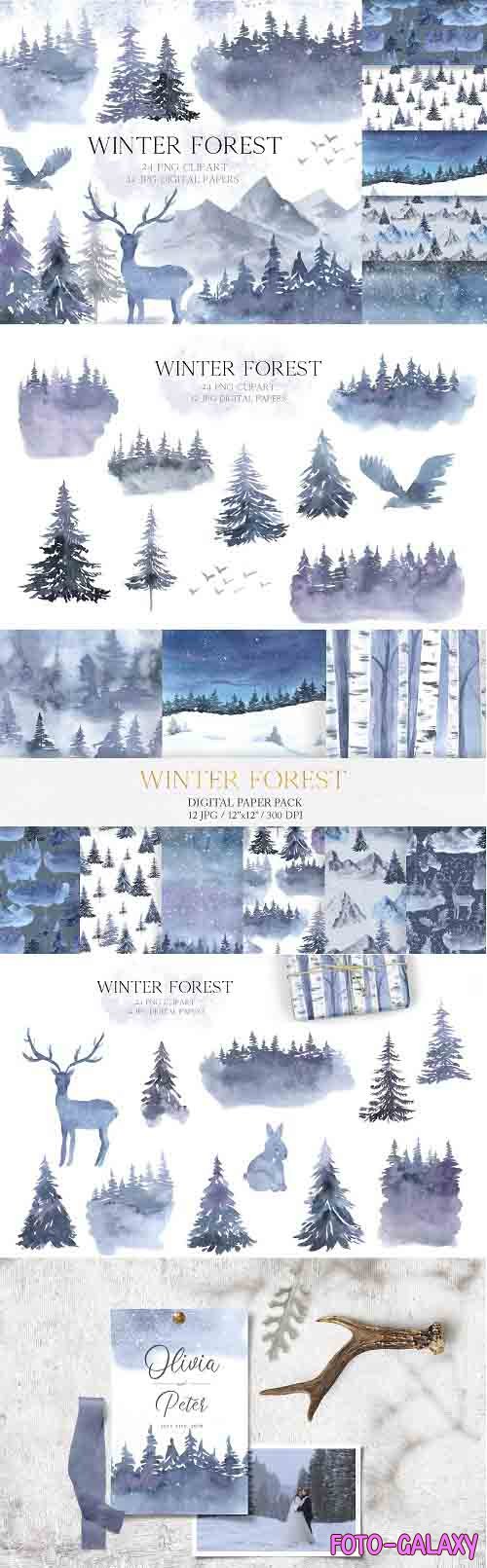 Watercolor Winter Forest Set - 5633566