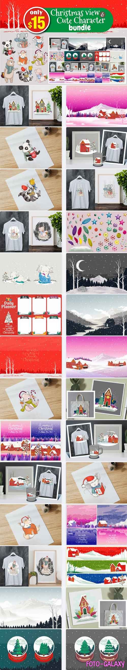 Christmas View & Cute Character Bundle - 28 Premium Graphics