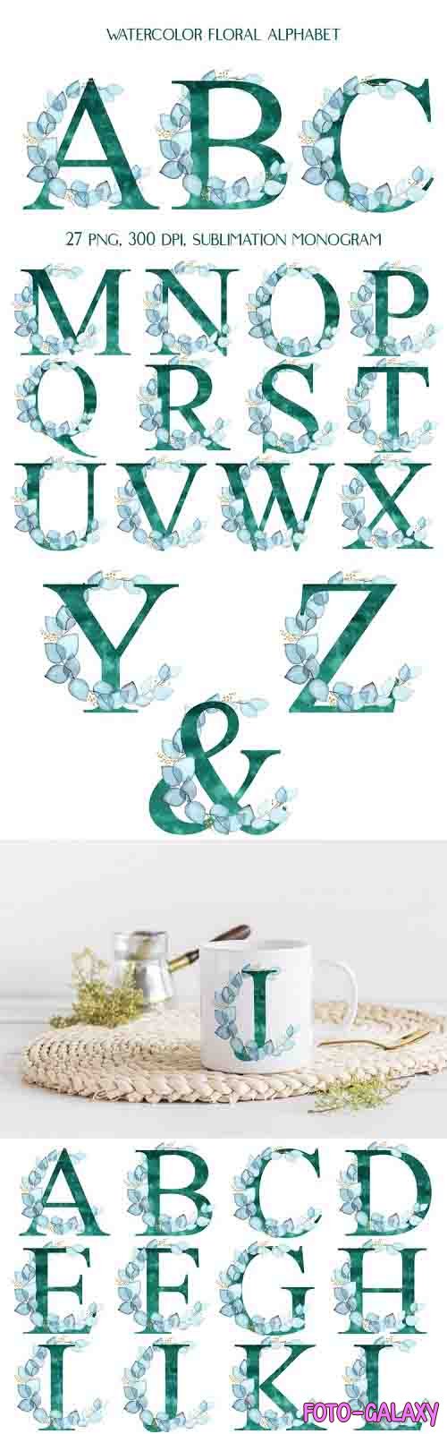 Sublimation Alphabet, Floral Letters Turquoise Eucalyptus - 1230112