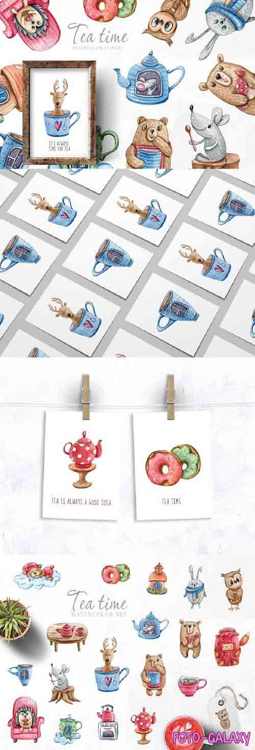 Watercolor cute forest animals clipart. Tea time collection - 682965