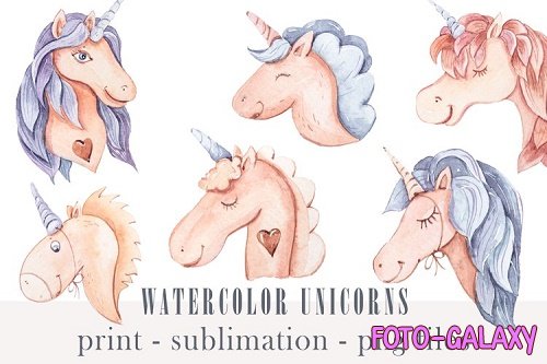 Watercolor cute unicorn clipart set- png files - 1272182