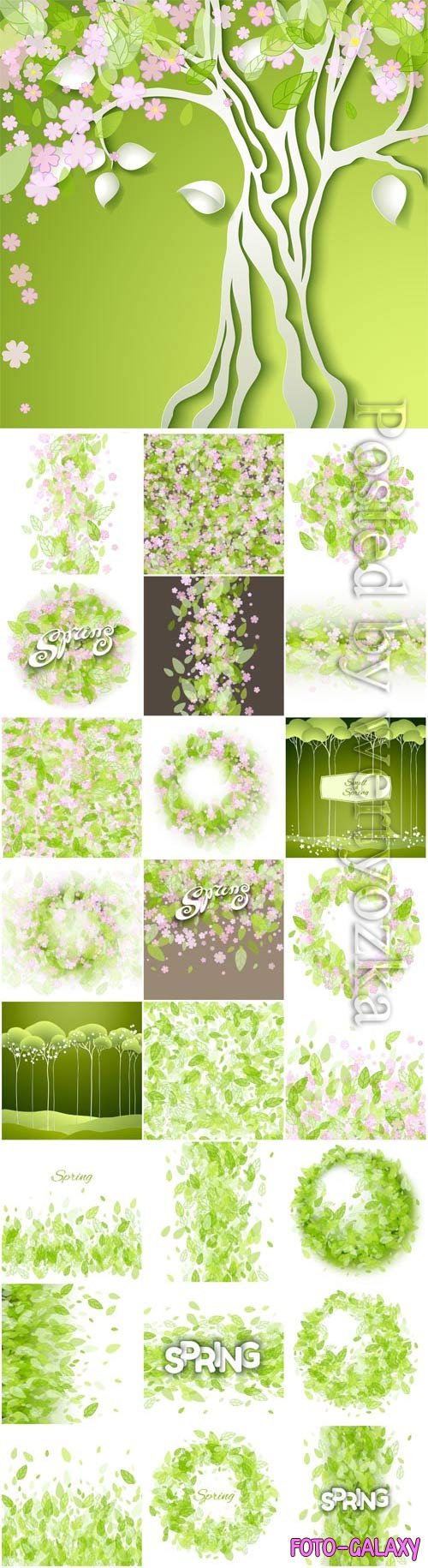 Green leaves and spring flowers in vector