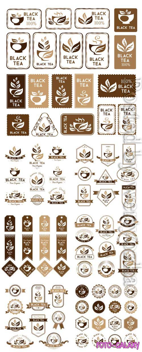 Black tea, logos and labels in vector