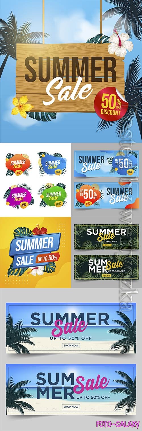 Summer sale vector banner with leaves