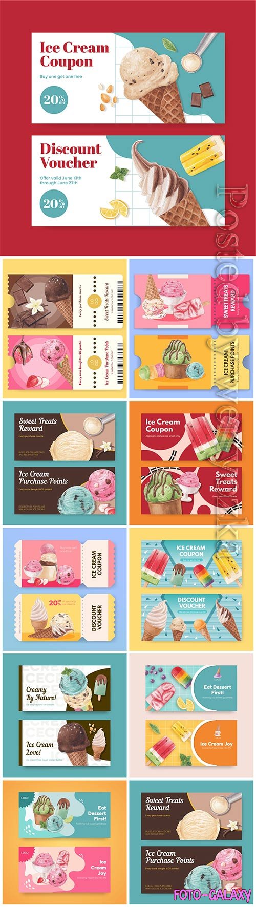 Voucher template with ice cream flavor concept, vector watercolor style