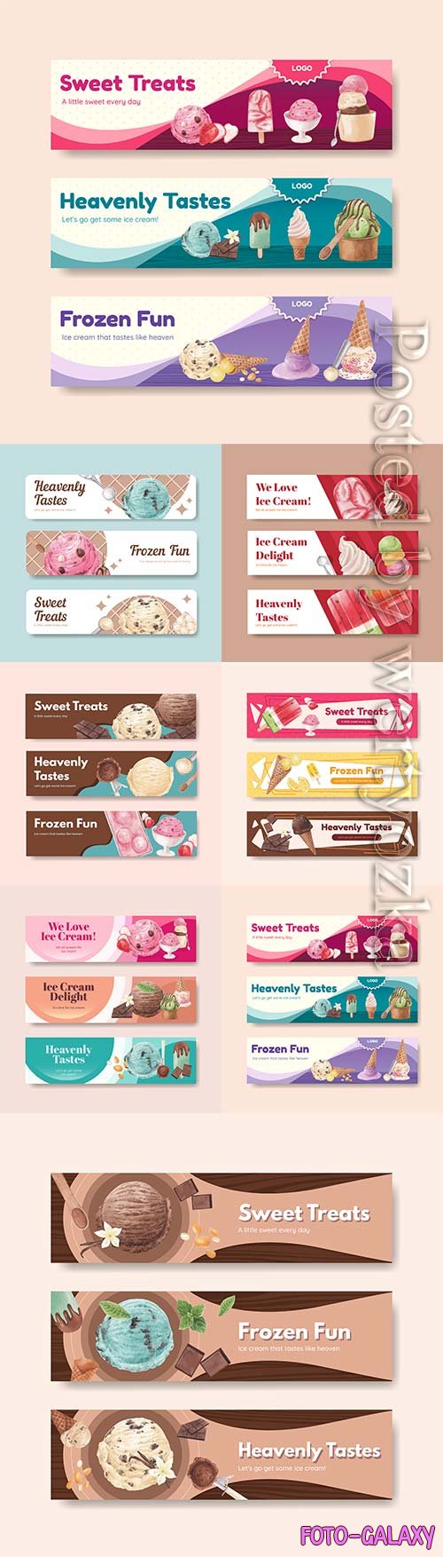 Banner vector template with ice cream flavor concept, watercolor style