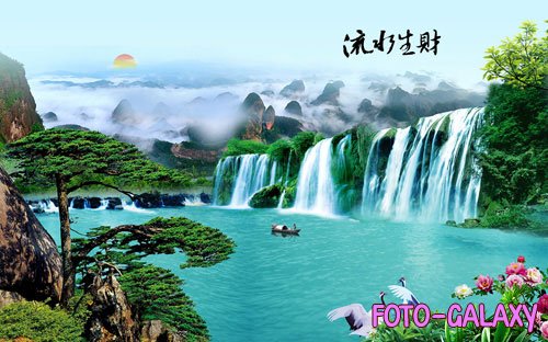 Mountain waterfall landscape painting water and wealth tv background wall