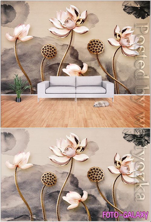 New chinese 3d stereo lotus ink background wall