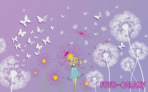 Purple three dimensional dandelion girl butterfly tv background wall