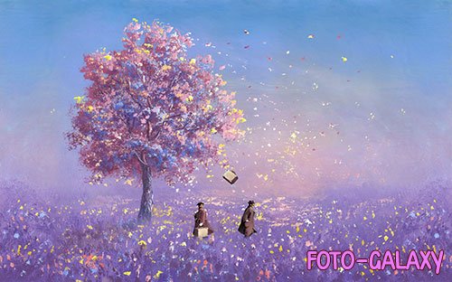 Romantic purple oil painting style tv background wall