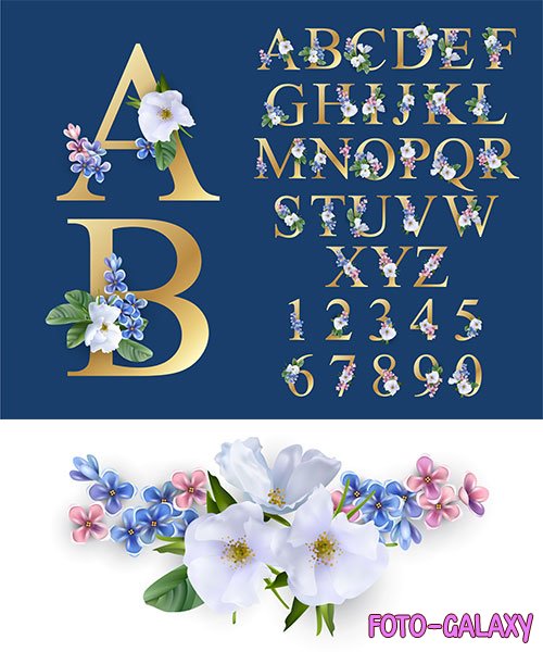 Цифры и буквы английского алфавита с нежными цветами - Векторный клипарт