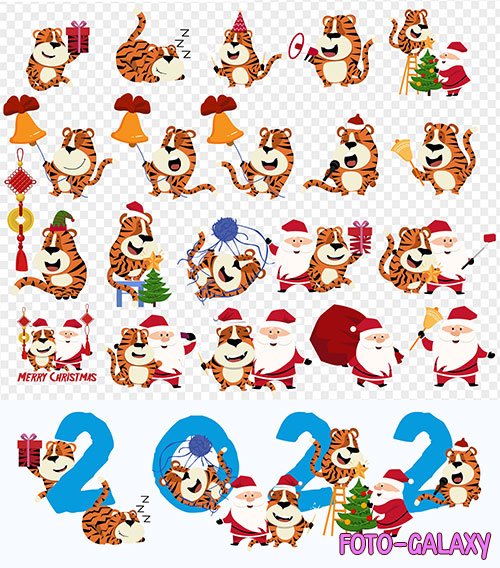 Санта Клаус и тигр - Новогодние векторные иконки с символом 2022 года