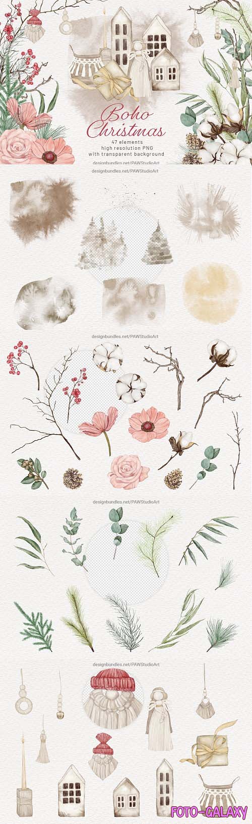 Christmas Boho Watercolour Clipart Winter Flowers Leaves - 1681783