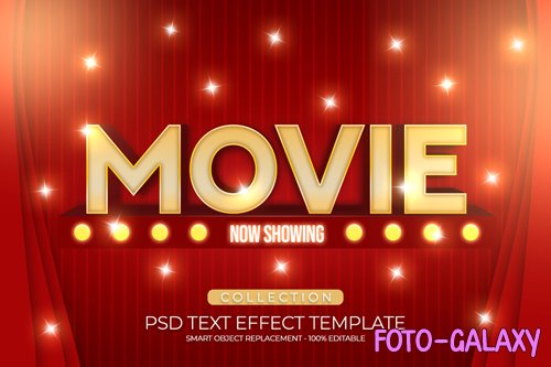 Movie text effect 3d template shiny with curtains red color editbale fully premium psd