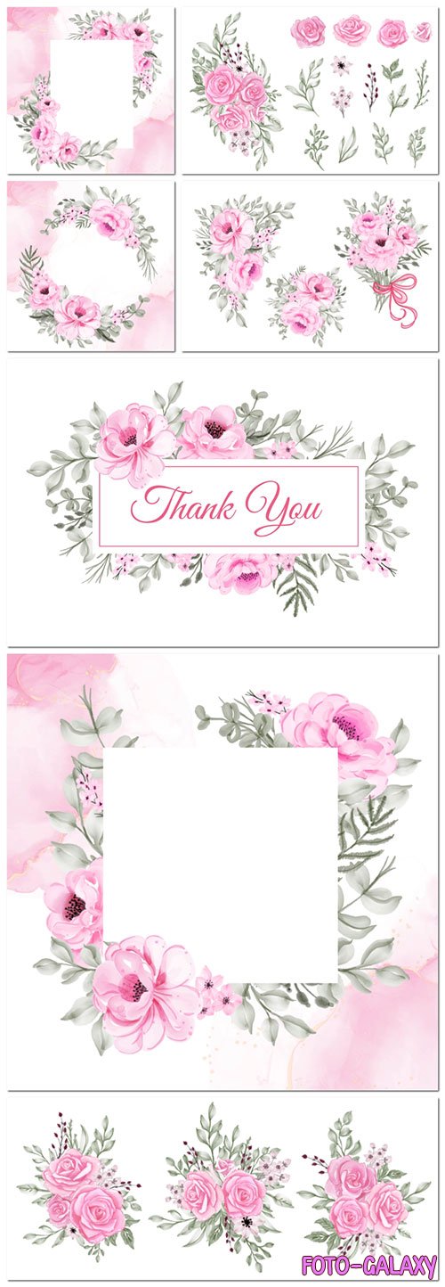 Rose pink watercolor floral arrangement and bouquet collection