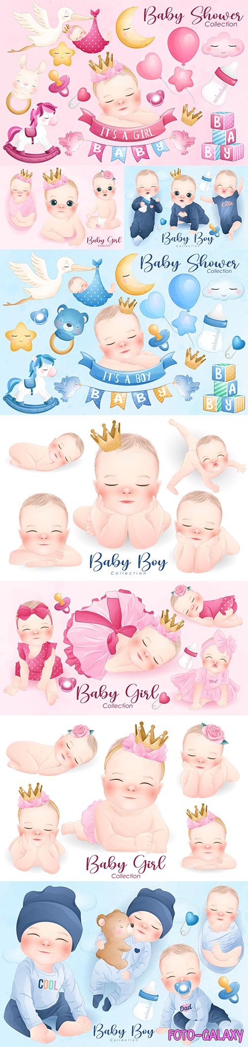 Cute baby girl and boy in watercolor style collection vector