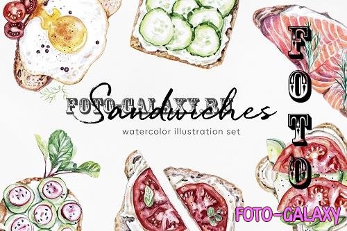 Sandwiche. Watercolor food set illustrations. 22 Sandwiches - 414406