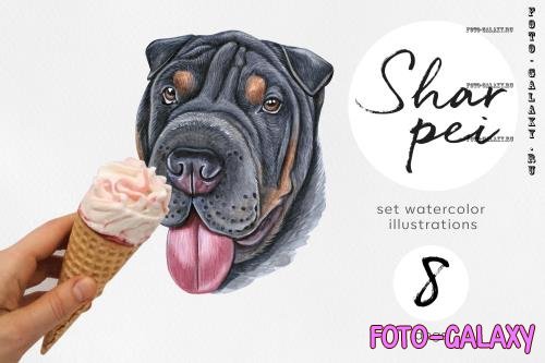 Shar Pei. Watercolor dog set illustrations. Cute 8 dogs - 854551
