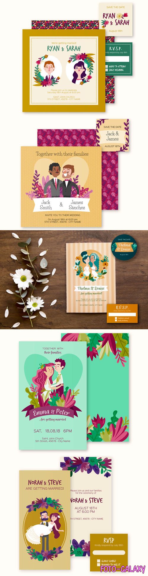 Colorful Hand Drawn Wedding Stationery Vector Templates