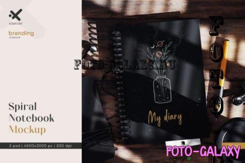 Spiral Notebook On Wooden Surface With Hard Shadow Mockup - 2247416