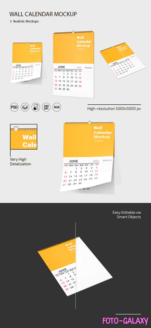 Realistic Wall Calendar PSD Mockup Templates - 3 Scenes