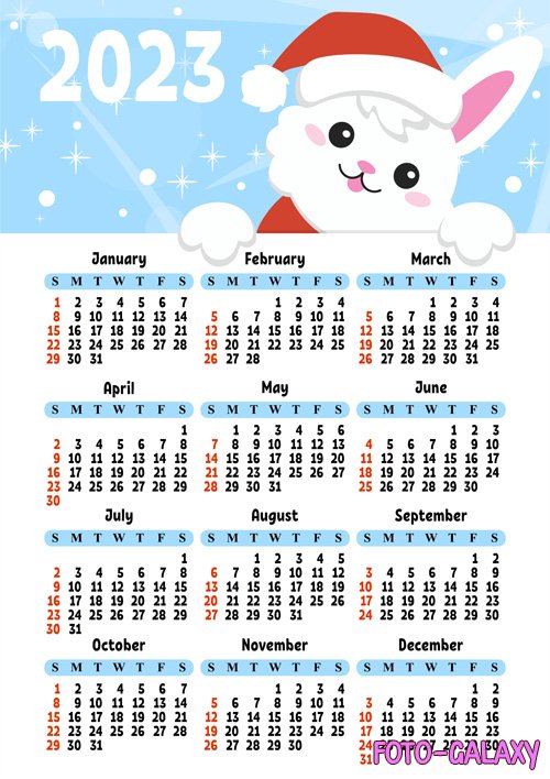 Color calendar for 2023 with a cute character rabbit week starts on sunday fun and bright design cartoon style
