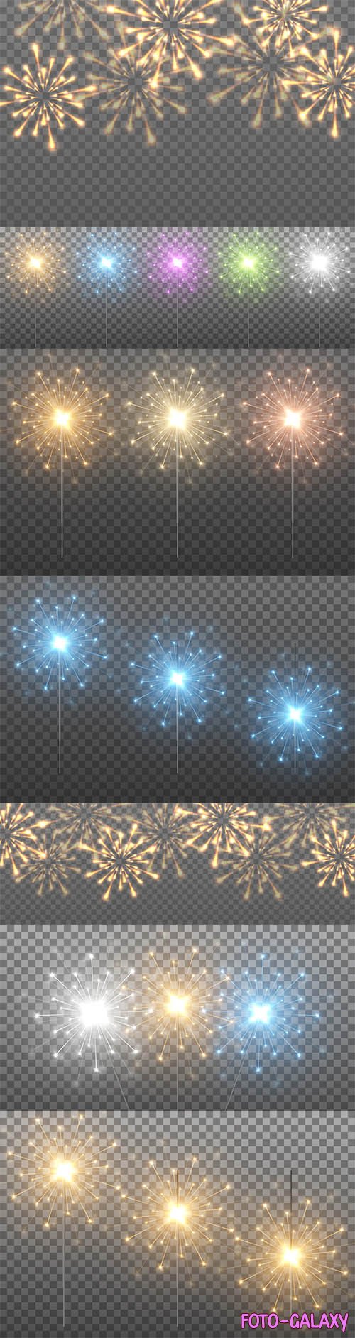 Vector sparklers on an isolated transparent background, gold sparklers, sparks, fireworks