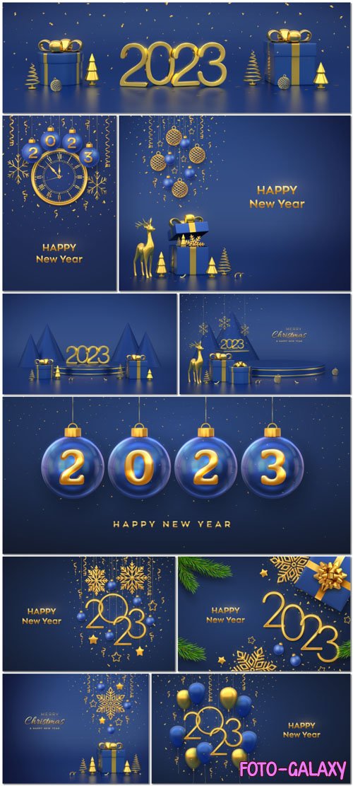 Vector happy new 2023 year hanging golden metallic numbers 2023 with shining 3d metallic stars balls
