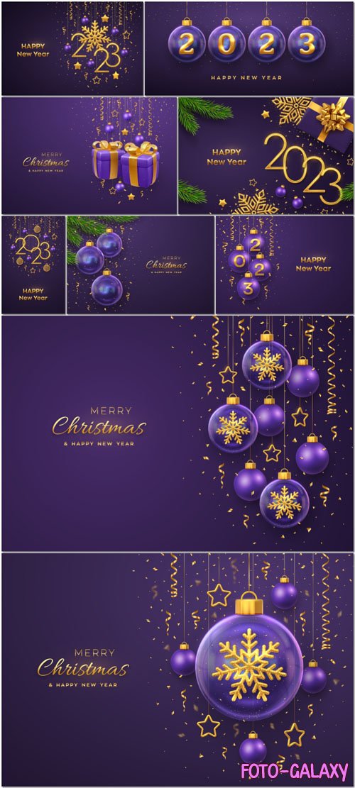 Merry christmas greeting card or banner hanging transparent glass balls pine branches on purple background