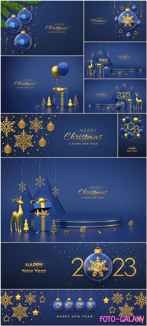 Vector christmas scene and 3d round platforms on blue background 3d golden numbers 2023