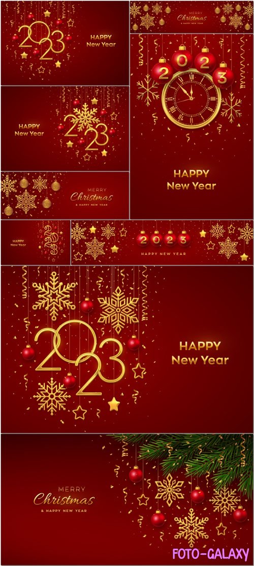 Christmas red background with hanging shining golden snowflakes and balls merry christmas greeting card