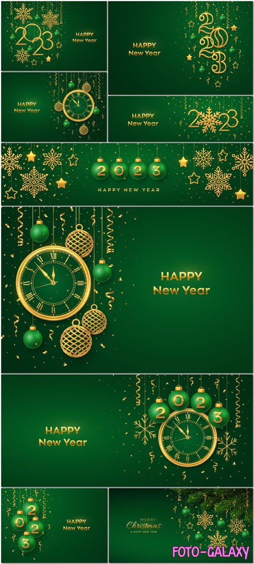 Christmas background with hanging golden snowflakes and green balls gold metallic stars confetti
