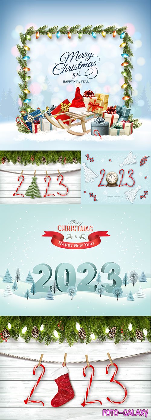 Vector merry christmas and happy new year background with winter landscape colorful gift boxes with santa hat