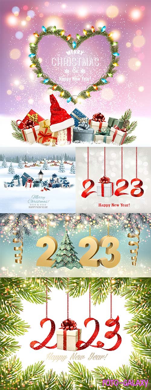 Vector merry christmas and happy new year background with a 2023 letters christmas abstract tree and glowing christmas tree lights vector