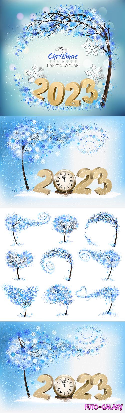 Vector merry christmas and happy new year background with 2023 letters and christmas tree with snowflakes vector