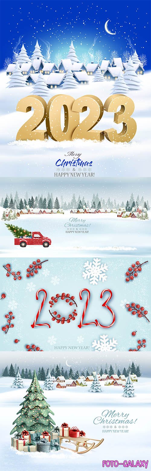 Vector holiday christmas winter background with a village landscape and 2023 litters vector